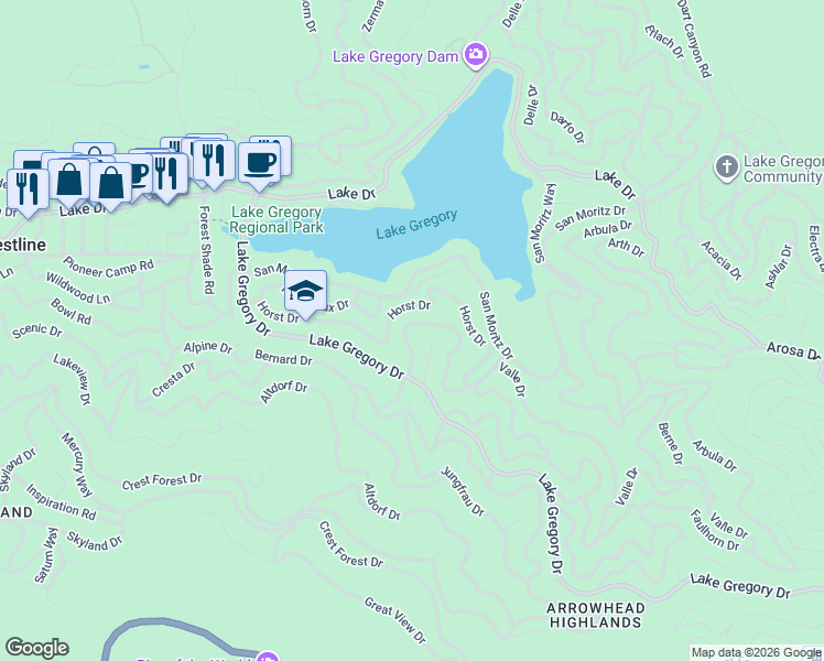 map of restaurants, bars, coffee shops, grocery stores, and more near 743 Bergschrund Drive in Crestline