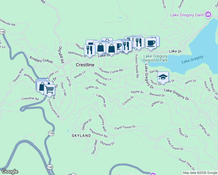 map of restaurants, bars, coffee shops, grocery stores, and more near 23899 Bowl Road in Crestline