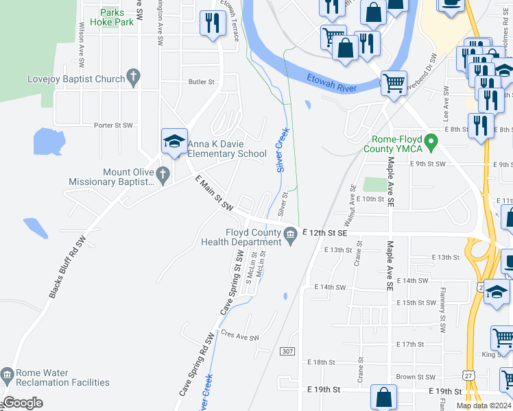 map of restaurants, bars, coffee shops, grocery stores, and more near 9 McLin Street in Rome
