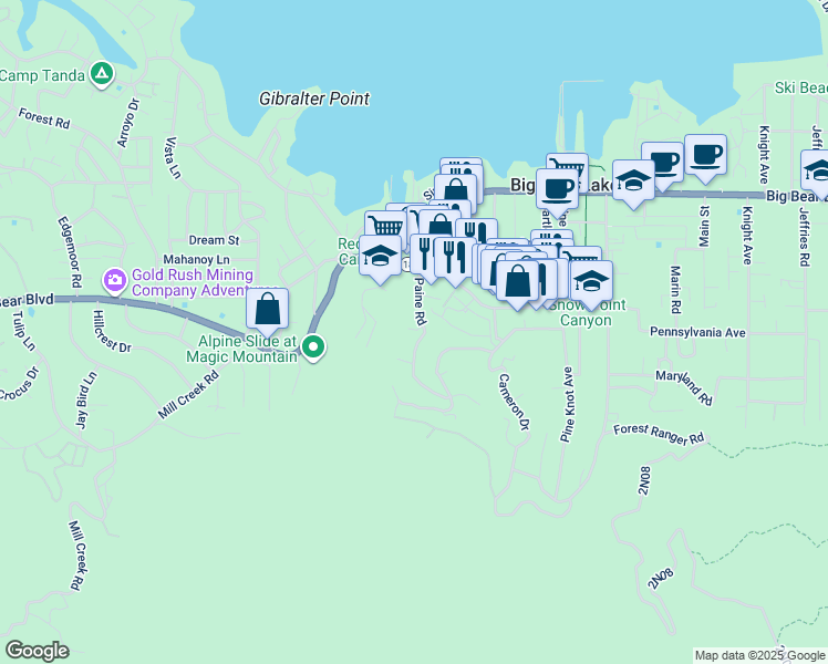 map of restaurants, bars, coffee shops, grocery stores, and more near 718 Paine Road in Big Bear Lake