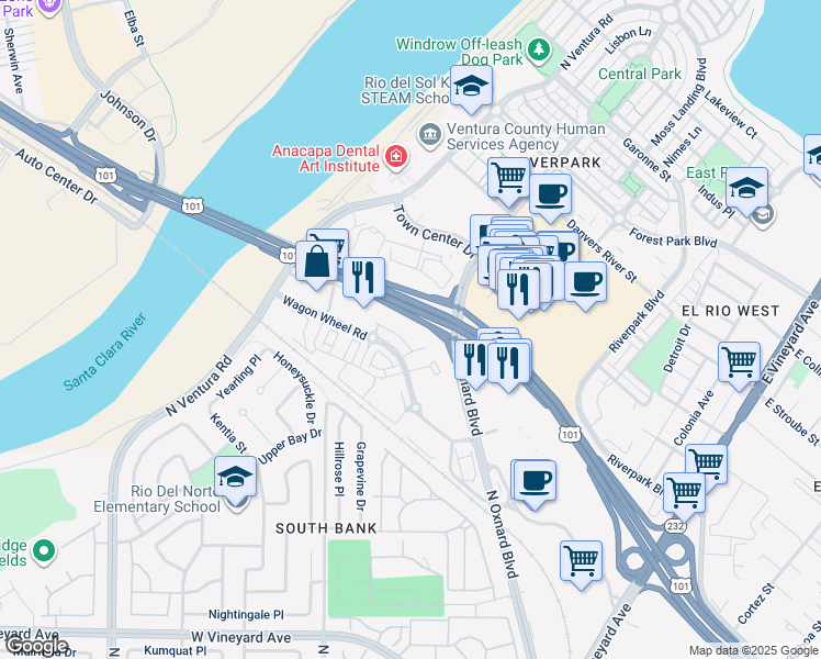 map of restaurants, bars, coffee shops, grocery stores, and more near 2830 Wagon Wheel Road in Oxnard