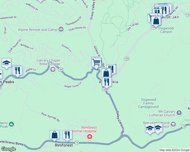 map of restaurants, bars, coffee shops, grocery stores, and more near 769 Sierra Vista Drive in Twin Peaks