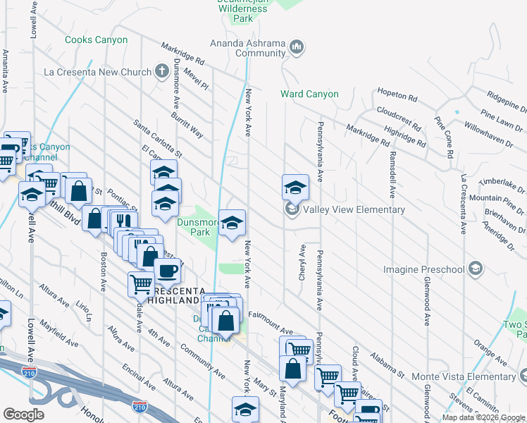 map of restaurants, bars, coffee shops, grocery stores, and more near 3344 Santa Carlotta Street in Glendale