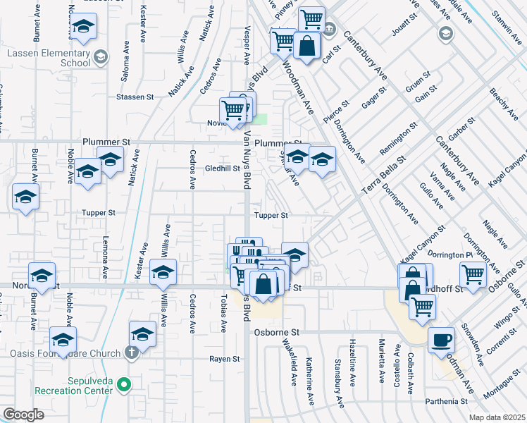 map of restaurants, bars, coffee shops, grocery stores, and more near 14531 Tupper Street in Los Angeles