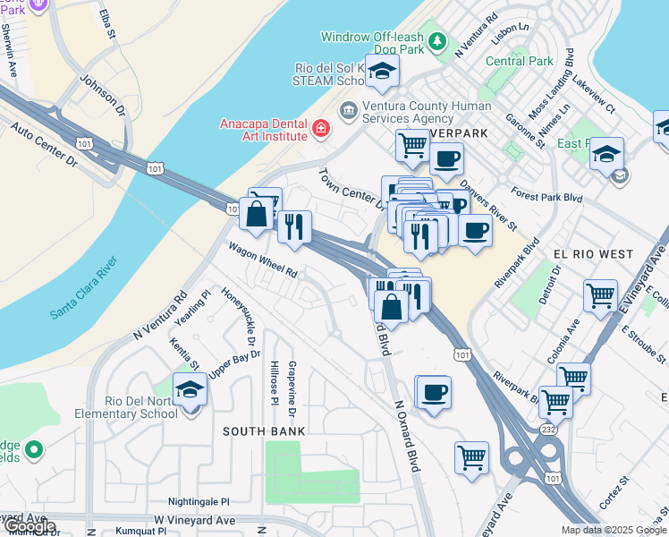 map of restaurants, bars, coffee shops, grocery stores, and more near 2800 Wagon Wheel Road in Oxnard