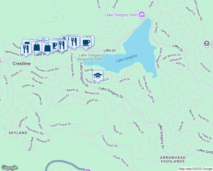 map of restaurants, bars, coffee shops, grocery stores, and more near 24311 Horst Drive in Crestline