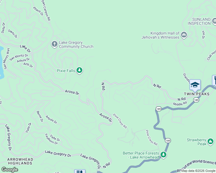 map of restaurants, bars, coffee shops, grocery stores, and more near 787 Forest Glen Road in Crestline