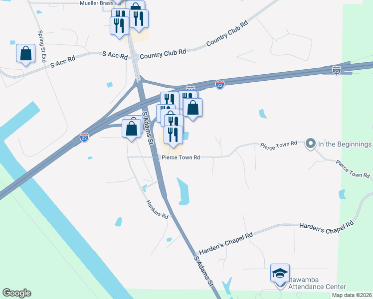 map of restaurants, bars, coffee shops, grocery stores, and more near 106 Pierce Town Road in Fulton