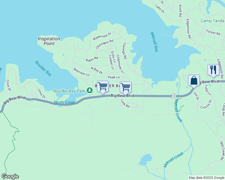 map of restaurants, bars, coffee shops, grocery stores, and more near 39241 Willow Landing Road in Big Bear Lake
