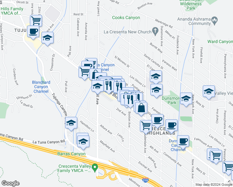 map of restaurants, bars, coffee shops, grocery stores, and more near 3857 Foothill Boulevard in Glendale
