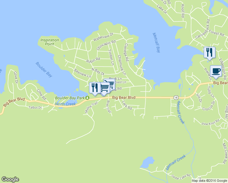 map of restaurants, bars, coffee shops, grocery stores, and more near 39241 Willow Landing Road in Big Bear Lake