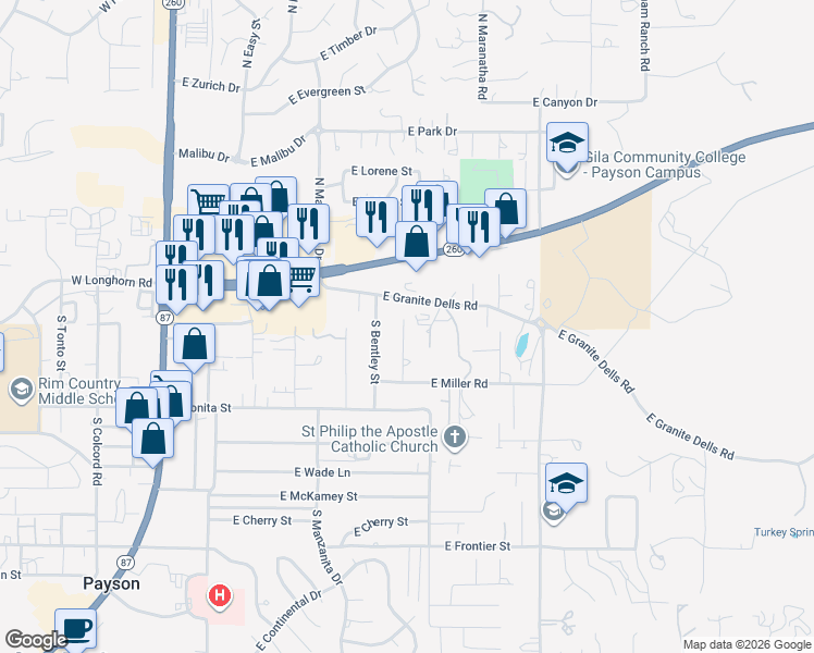 map of restaurants, bars, coffee shops, grocery stores, and more near 209 South Granite Drive in Payson