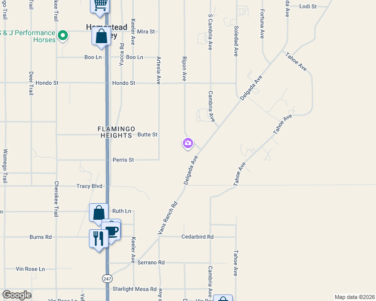 map of restaurants, bars, coffee shops, grocery stores, and more near 782 Delgada Avenue in Yucca Valley