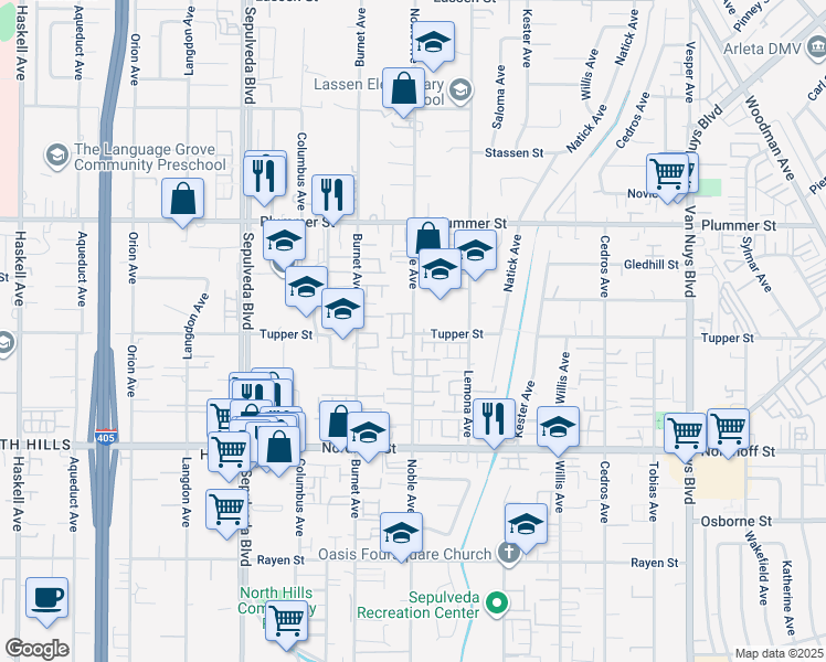 map of restaurants, bars, coffee shops, grocery stores, and more near 9300 Noble Avenue in Los Angeles