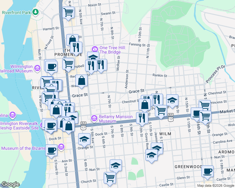 map of restaurants, bars, coffee shops, grocery stores, and more near 218 McRae Street in Wilmington
