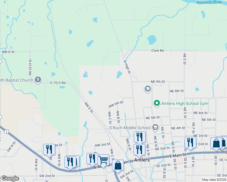 map of restaurants, bars, coffee shops, grocery stores, and more near 200-298 Northwest 7th Street in Antlers