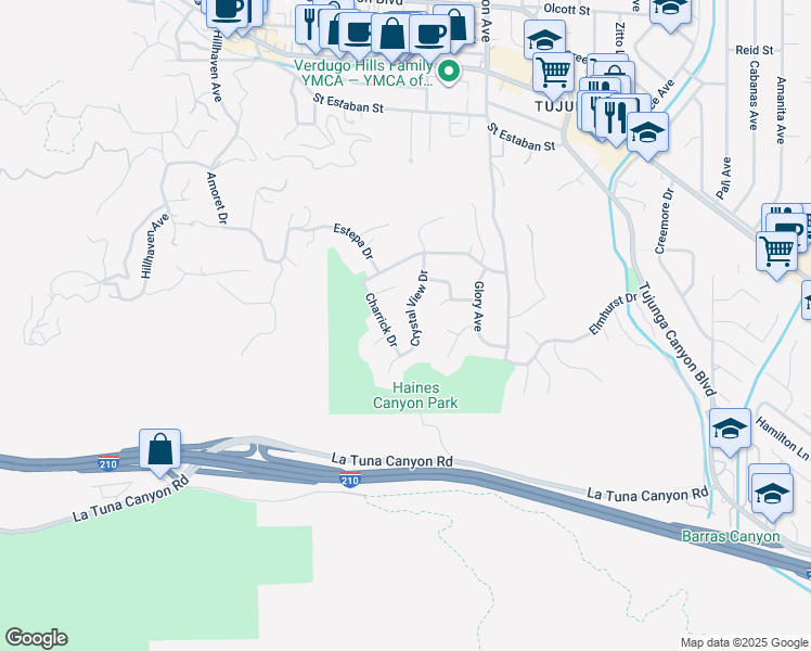 map of restaurants, bars, coffee shops, grocery stores, and more near 9411 Crystal View Drive in Los Angeles