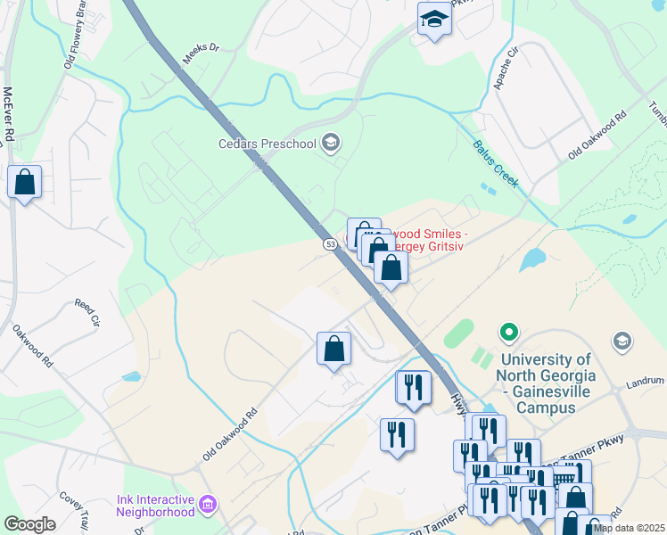 map of restaurants, bars, coffee shops, grocery stores, and more near 4039 Mundy Mill Road in Oakwood