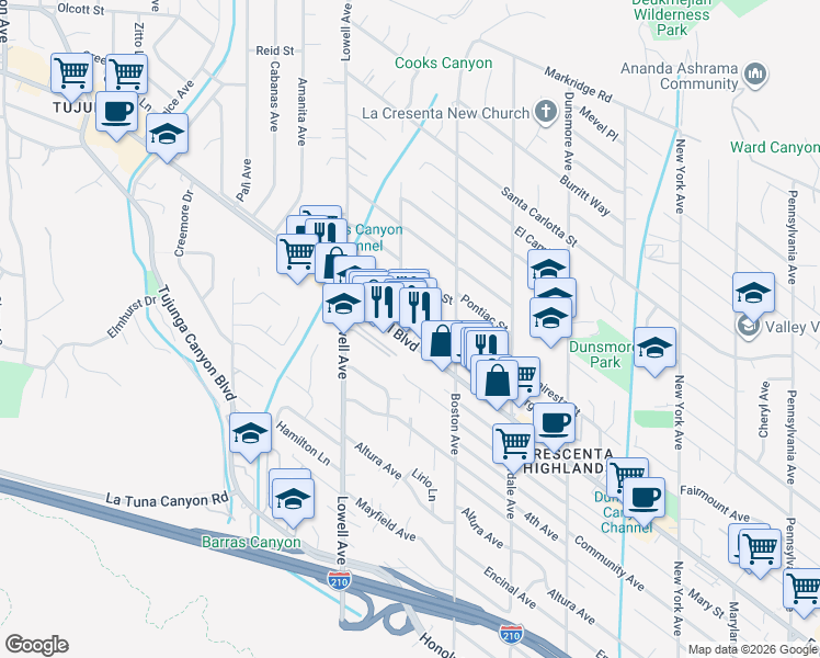 map of restaurants, bars, coffee shops, grocery stores, and more near 3857 Foothill Boulevard in Glendale