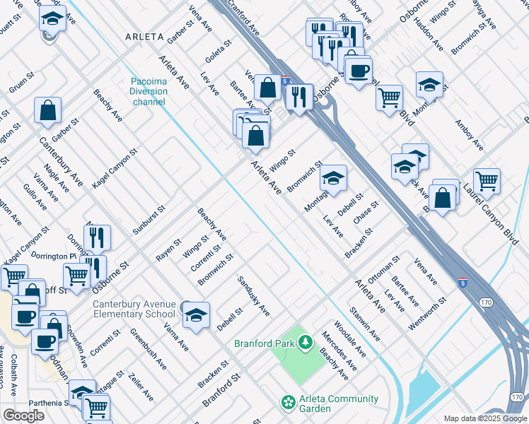 map of restaurants, bars, coffee shops, grocery stores, and more near 9345 Stanwin Avenue in Los Angeles
