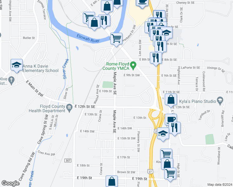 map of restaurants, bars, coffee shops, grocery stores, and more near 925 Maple Avenue Southeast in Rome