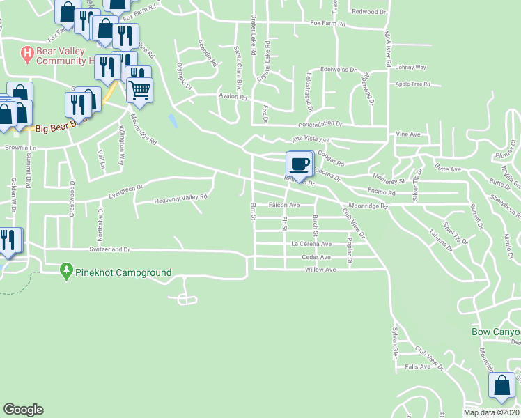 map of restaurants, bars, coffee shops, grocery stores, and more near 42539 Falcon Avenue in Big Bear Lake