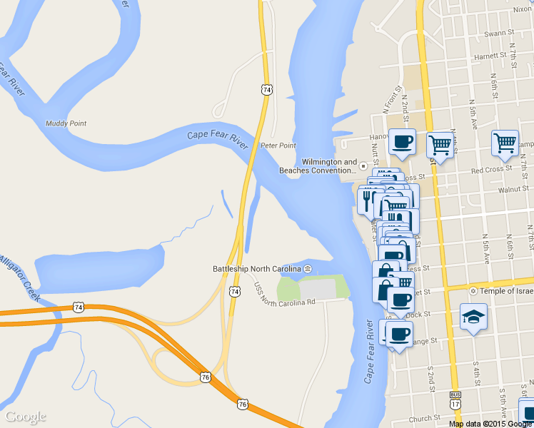 map of restaurants, bars, coffee shops, grocery stores, and more near 101 USS North Carolina Road in Wilmington