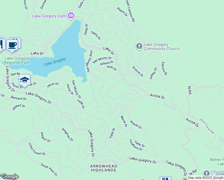 map of restaurants, bars, coffee shops, grocery stores, and more near 781 Arbula Drive in Crestline