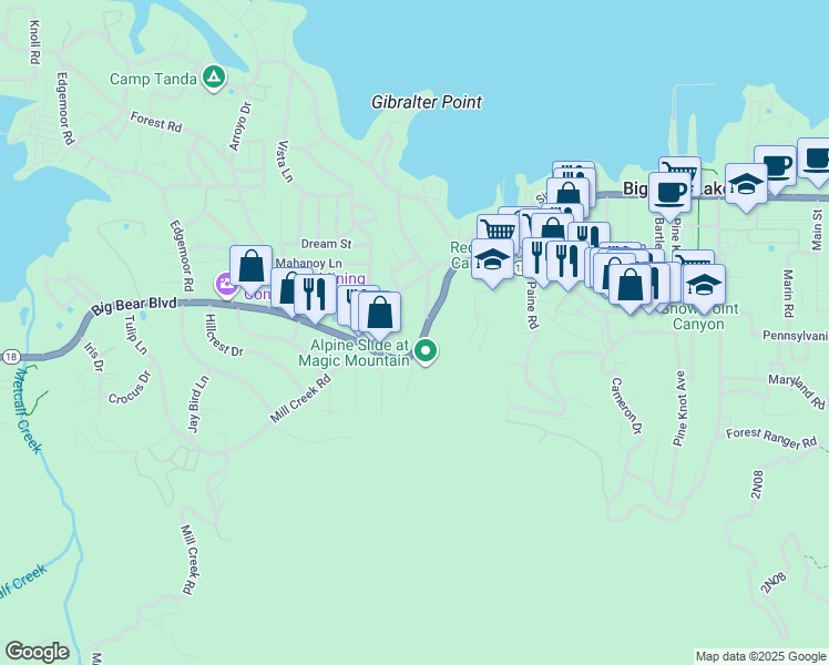 map of restaurants, bars, coffee shops, grocery stores, and more near 40362 Big Bear Boulevard in Big Bear Lake