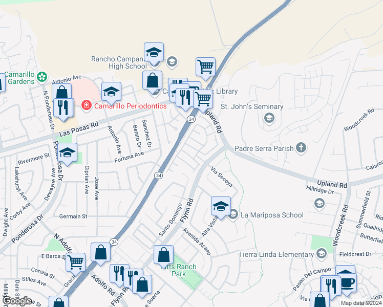 map of restaurants, bars, coffee shops, grocery stores, and more near 2134 Via Arandana in Camarillo