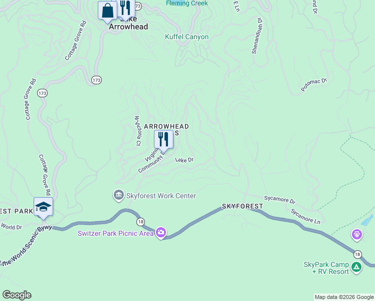 map of restaurants, bars, coffee shops, grocery stores, and more near 760 Lake Drive in Lake Arrowhead