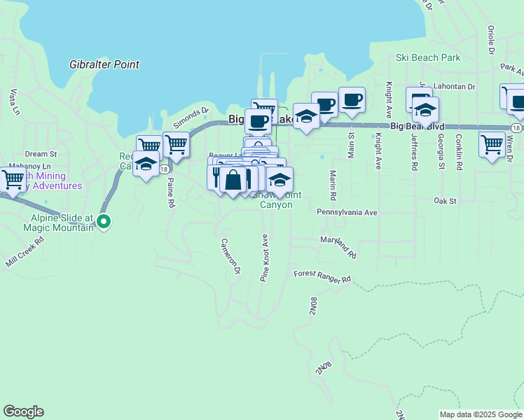 map of restaurants, bars, coffee shops, grocery stores, and more near Pine Knot Avenue in Big Bear Lake