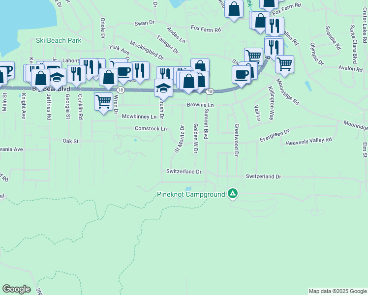 map of restaurants, bars, coffee shops, grocery stores, and more near 41799 Comstock Lane in Big Bear Lake