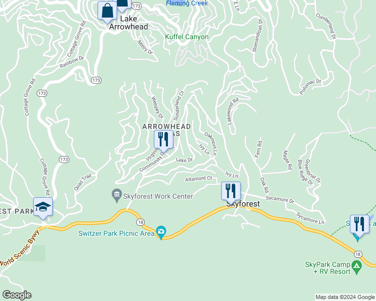 map of restaurants, bars, coffee shops, grocery stores, and more near 760 Lake Drive in Lake Arrowhead