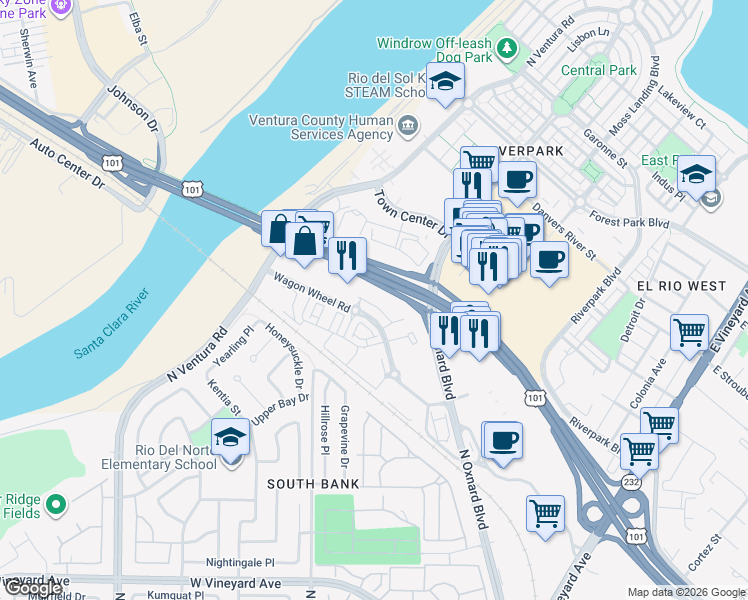 map of restaurants, bars, coffee shops, grocery stores, and more near 545 Winchester Drive in Oxnard