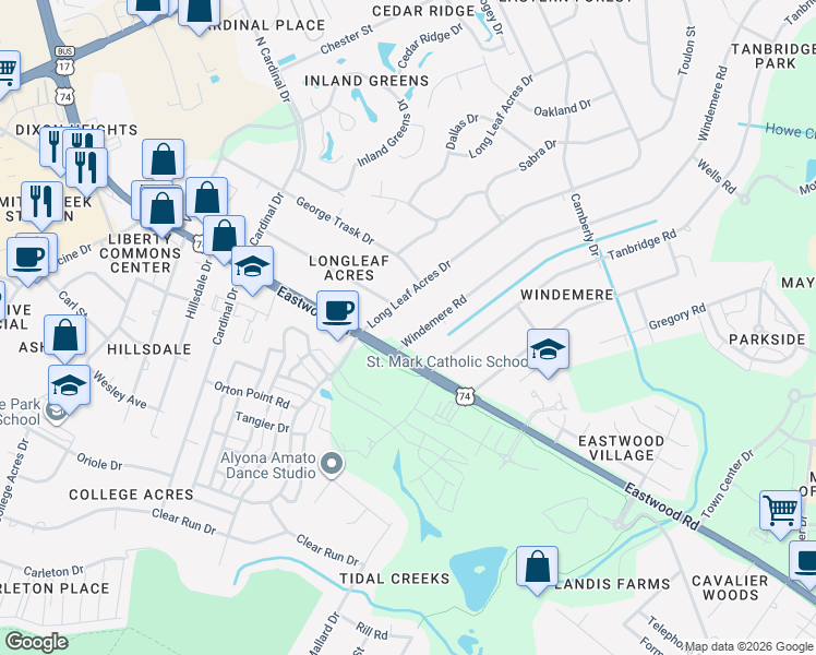 map of restaurants, bars, coffee shops, grocery stores, and more near 104 Windemere Road in Wilmington