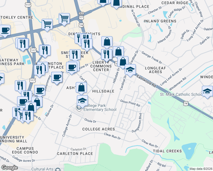 map of restaurants, bars, coffee shops, grocery stores, and more near 142 Charter Drive in Wilmington