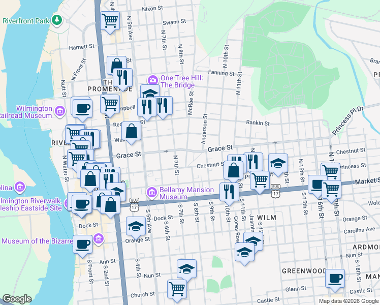 map of restaurants, bars, coffee shops, grocery stores, and more near 218 McRae Street in Wilmington