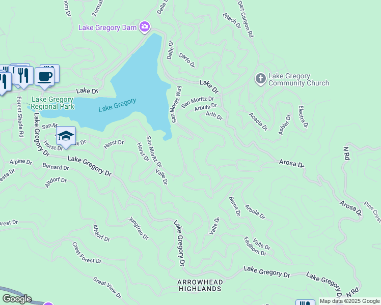 map of restaurants, bars, coffee shops, grocery stores, and more near 790 Berne Drive in Crestline