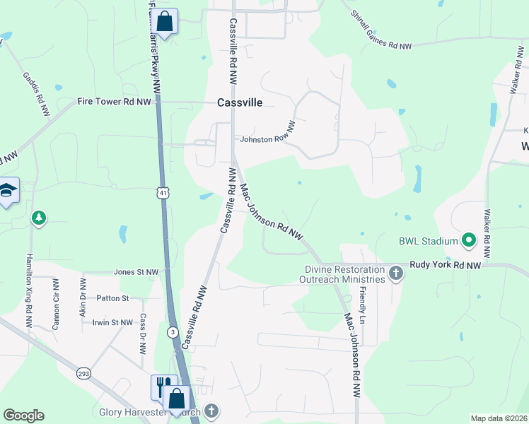 map of restaurants, bars, coffee shops, grocery stores, and more near 408 Mac Johnson Road Northwest in Cartersville