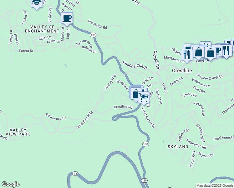 map of restaurants, bars, coffee shops, grocery stores, and more near 782 North Village Lane in Crestline