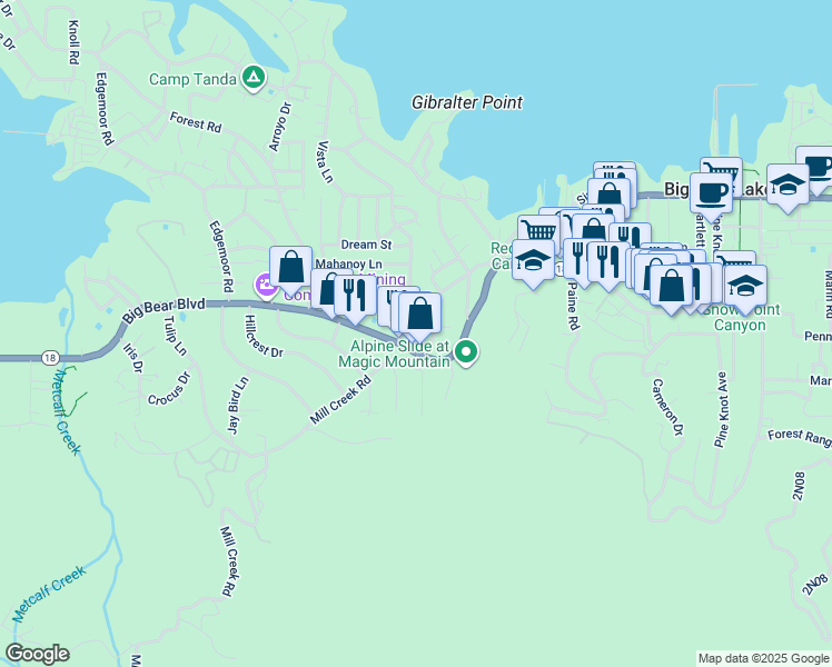 map of restaurants, bars, coffee shops, grocery stores, and more near 725 Temple Lane in Big Bear Lake