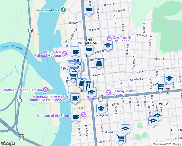 map of restaurants, bars, coffee shops, grocery stores, and more near 308 Grace Street in Wilmington