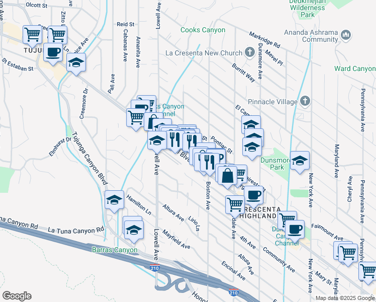 map of restaurants, bars, coffee shops, grocery stores, and more near 3847 Foothill Boulevard in Glendale