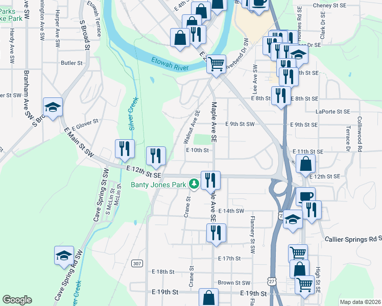 map of restaurants, bars, coffee shops, grocery stores, and more near 103 East 11th Street Southeast in Rome