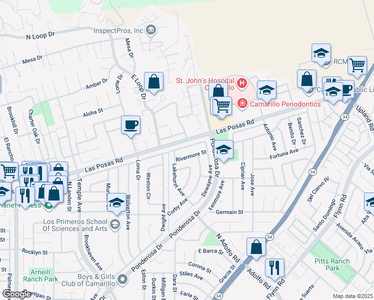 map of restaurants, bars, coffee shops, grocery stores, and more near 3376 East Landen Street in Camarillo