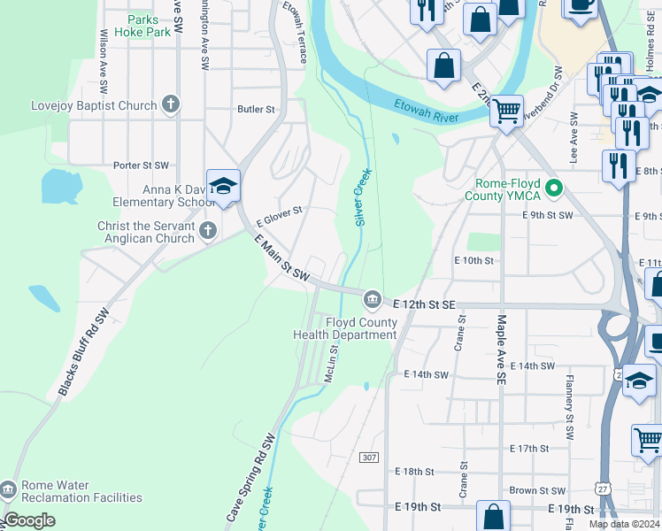 map of restaurants, bars, coffee shops, grocery stores, and more near 9 McLin Street in Rome