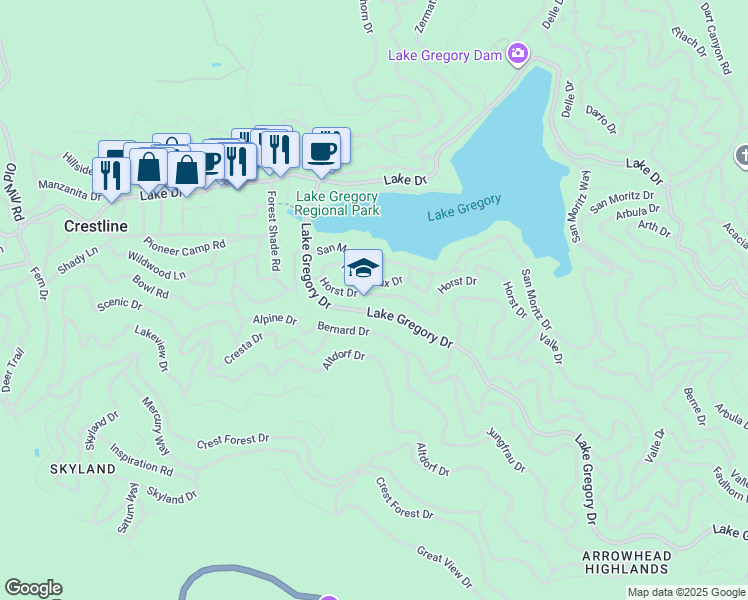 map of restaurants, bars, coffee shops, grocery stores, and more near 24311 Horst Drive in Crestline