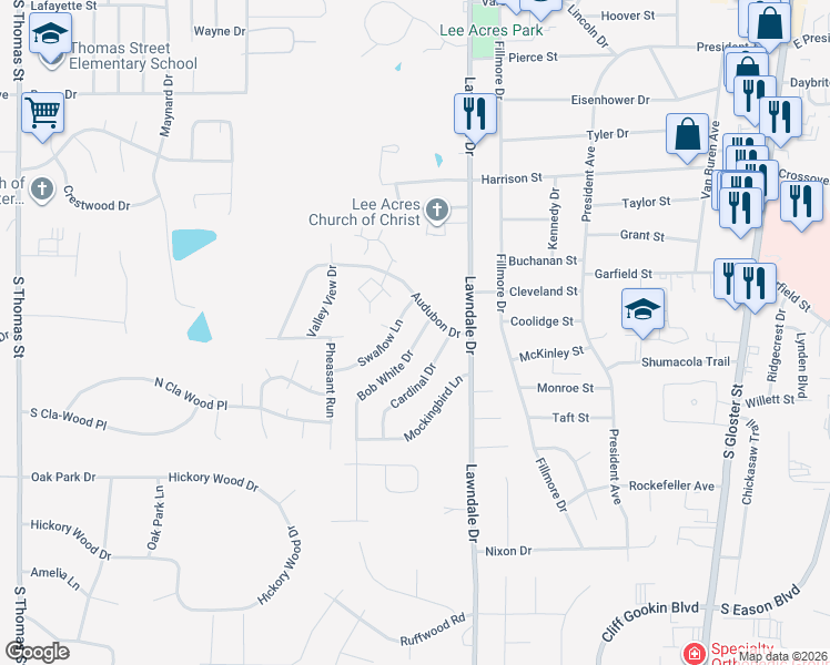 map of restaurants, bars, coffee shops, grocery stores, and more near 1800-1918 Bob White Drive in Tupelo