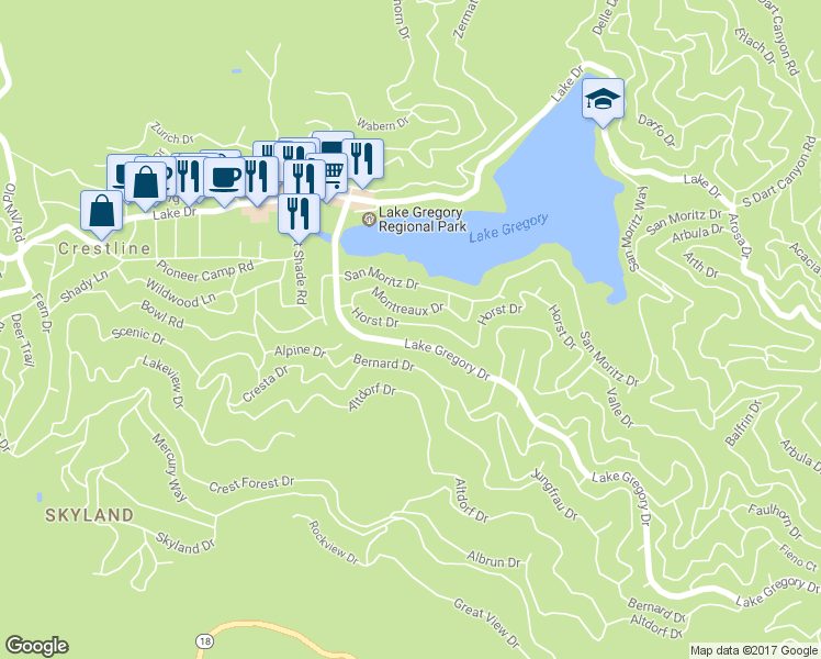 map of restaurants, bars, coffee shops, grocery stores, and more near 24273 Horst Drive in Crestline